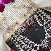 Vriksham Classic 3 Layer Tear Drop Design American Diamond Long Neckpiece-Red-G20231